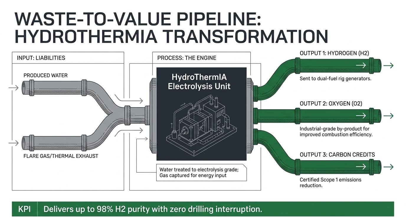 Headline performance metrics: 30-40% diesel reduction, 215 kg/day hydrogen output, $925/day fuel savings, 18 month payback
