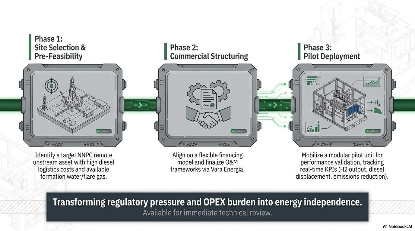 Three-phase deployment roadmap: site selection and pre-feasibility, commercial structuring, pilot deployment
